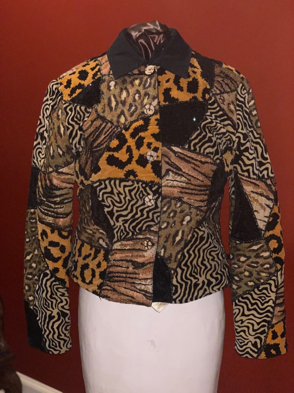 Vintage Animal Print Patchwork Jacket with Sequins